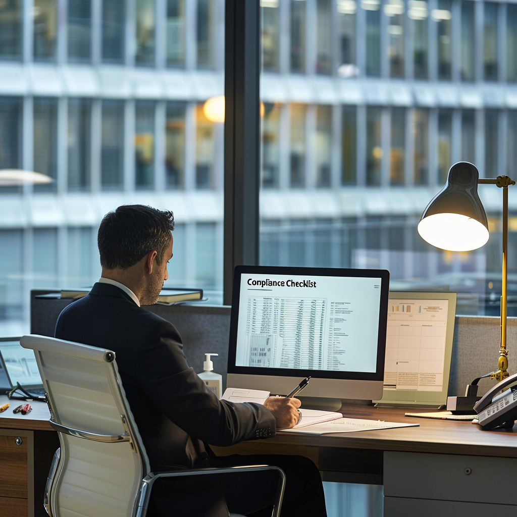 Compliance officer aan het werk met een checklist op het computerscherm